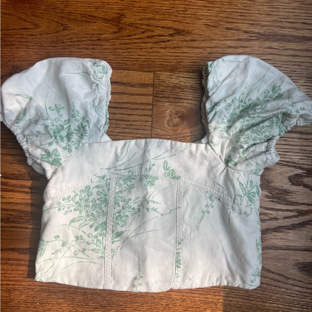 Floral Puff Sleeve Top - Cream and Blue
